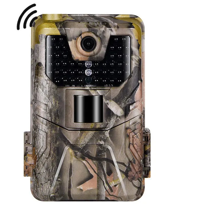 Camouflage outdoor hunting camera with infrared LEDs showing compact 16cm design for wildlife monitoring