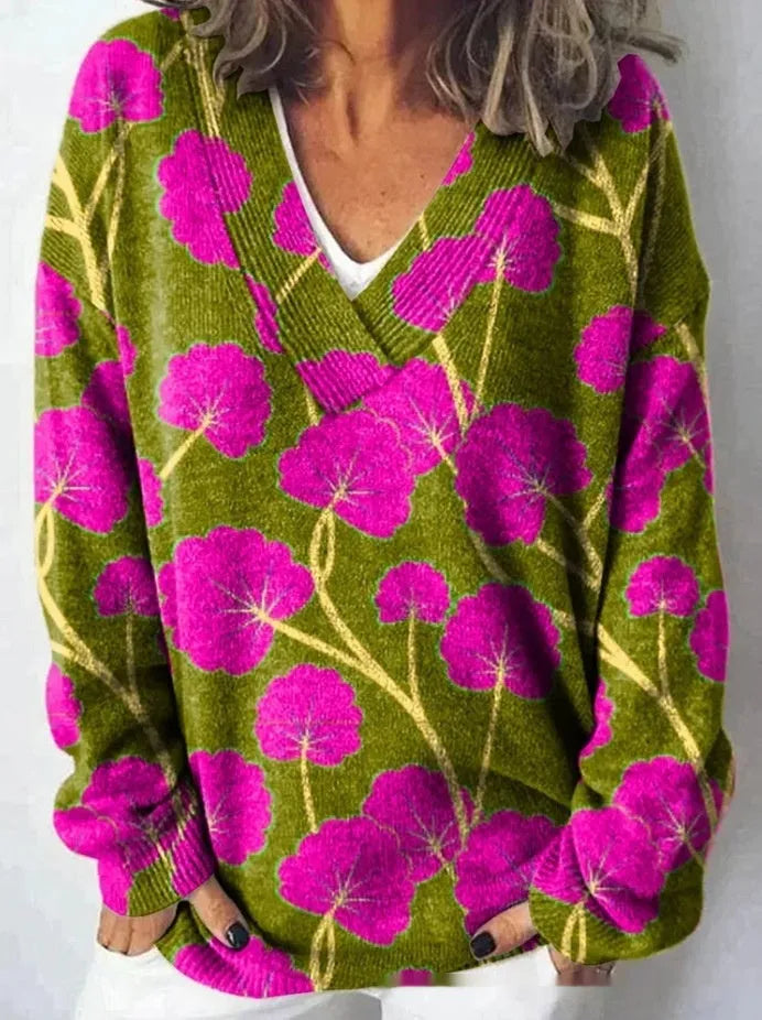 Women's V-neck long sleeve sweatshirt with a 3D printed floral pattern in a retro art style