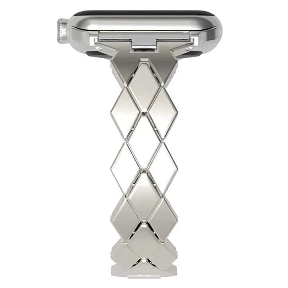 Metal chain steel band diamond strap for Apple Watch in silver colour on a white background