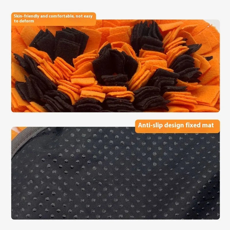 Orange pumpkin-shaped pet smell mat on flat surface showing polar fleece texture