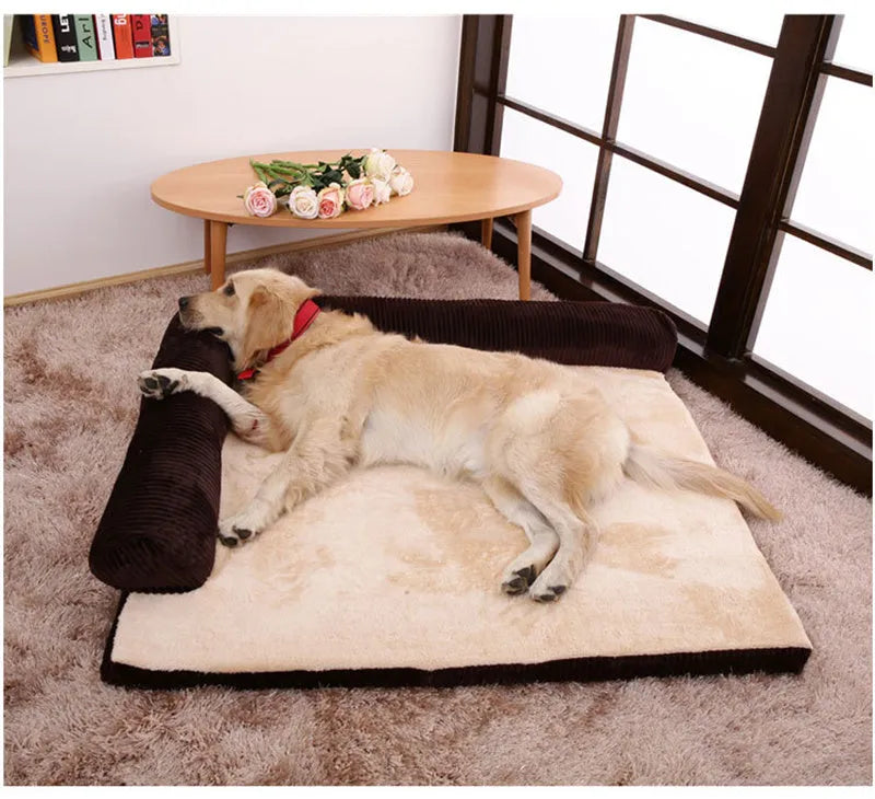 Corduroy dog sofa bed with bolsters in grey colour showing high-density sponge construction