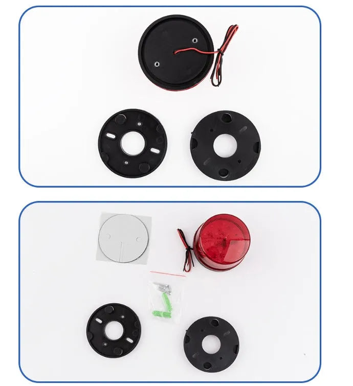 24V warning alarm light unit showing compact 73mm diameter design with LED strobe and audible alarm components