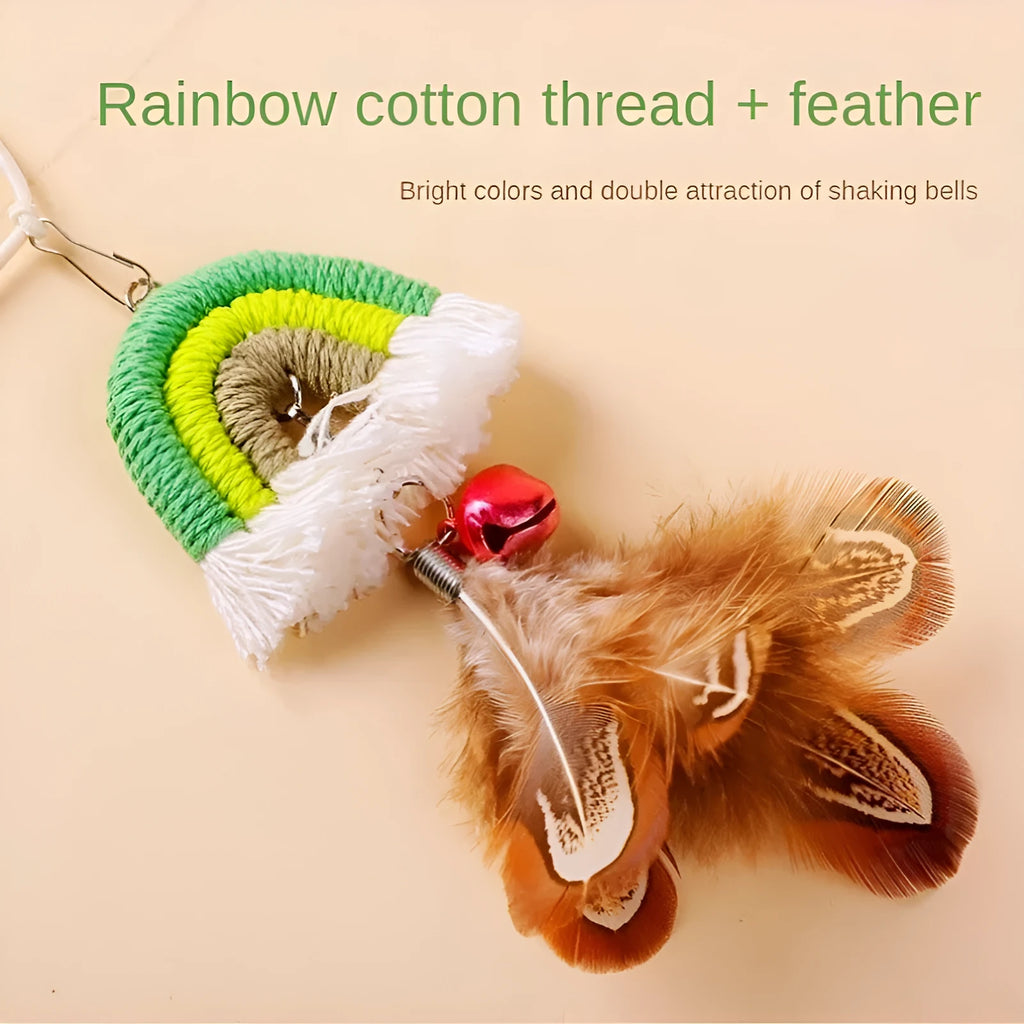 Feather cat rope door swing elastic cat teasing stick toy with sticky buckle clamp in blue, green and pink colours