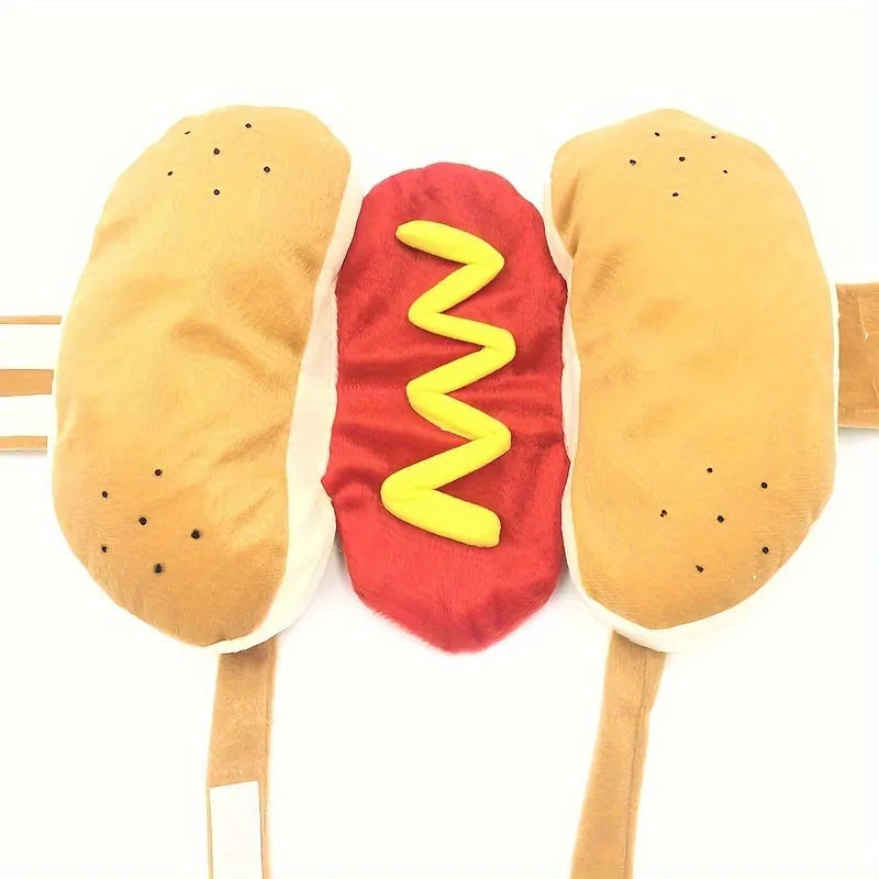 Dog wearing a brown hot dog costume with adjustable belly strap, suitable for dachshunds and small breeds
