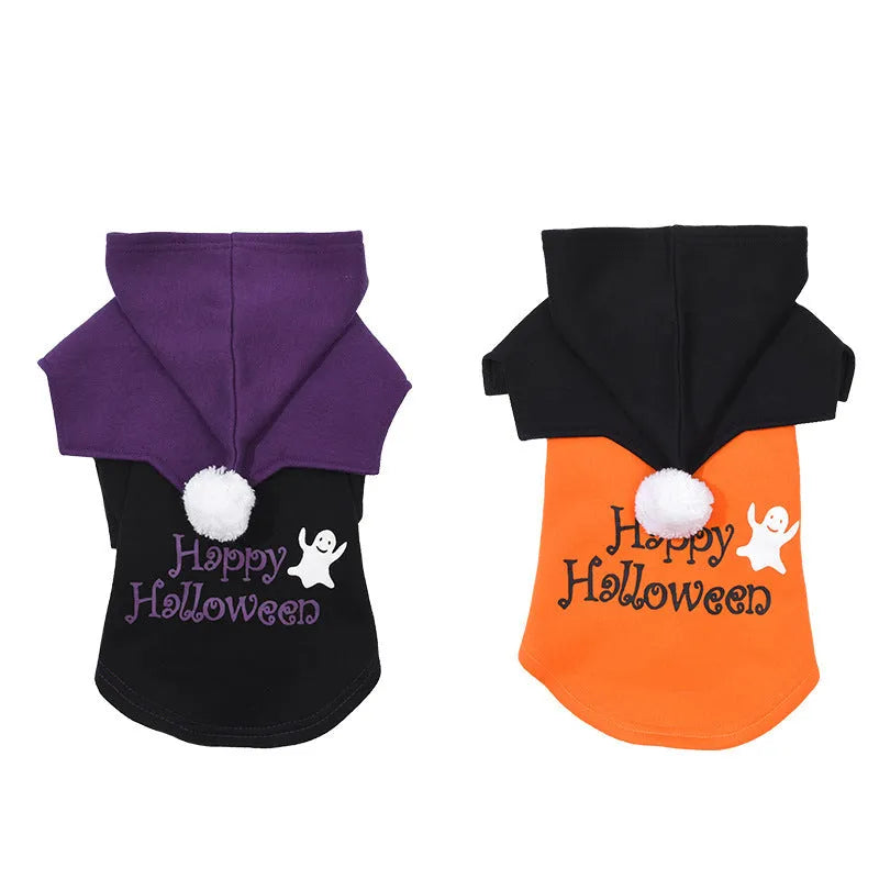 Black and orange pumpkin themed two-piece dog costume with sweater and shawl