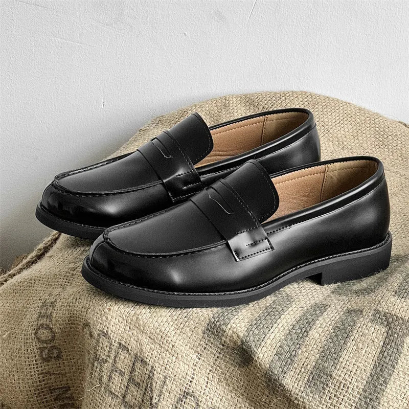 Men's classic black slip-on derby shoes with height-increasing insole, microfiber upper, rubber sole