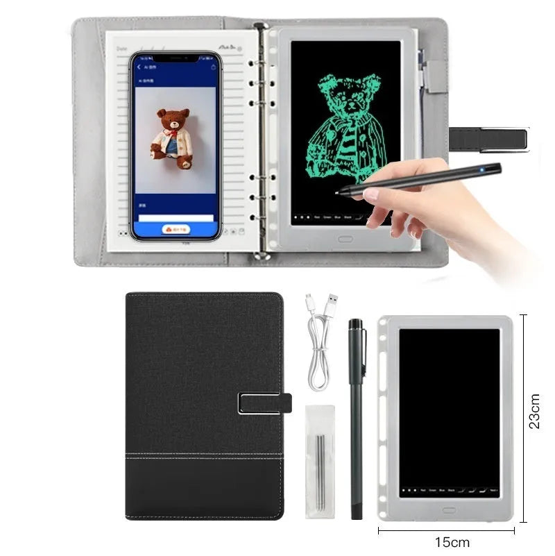 85-inch electronic writing pad with smart pen, shown in black, dark blue, or sky blue with stitching detail.