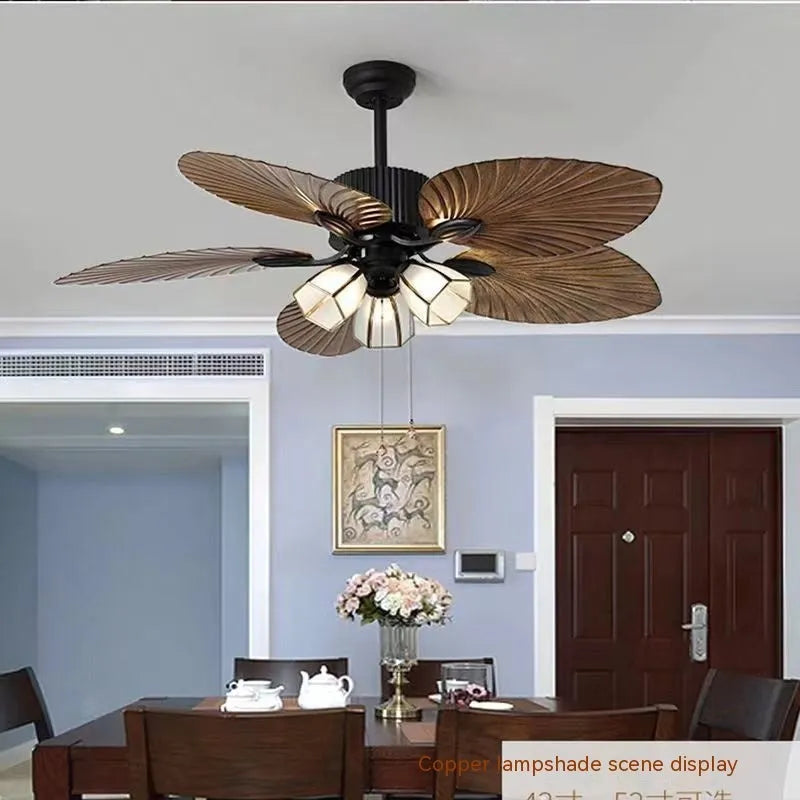 52-inch retro-style ceiling fan light with wooden blades and integrated LED lighting