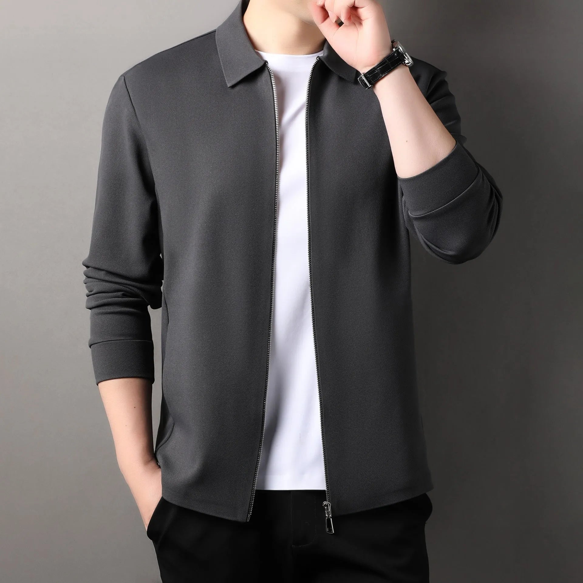 Men's polyester casual business jacket in apricot colour with straight hem design