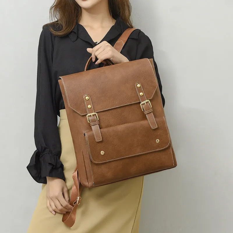 Korean style retro backpack in soft PU material with ventilation features