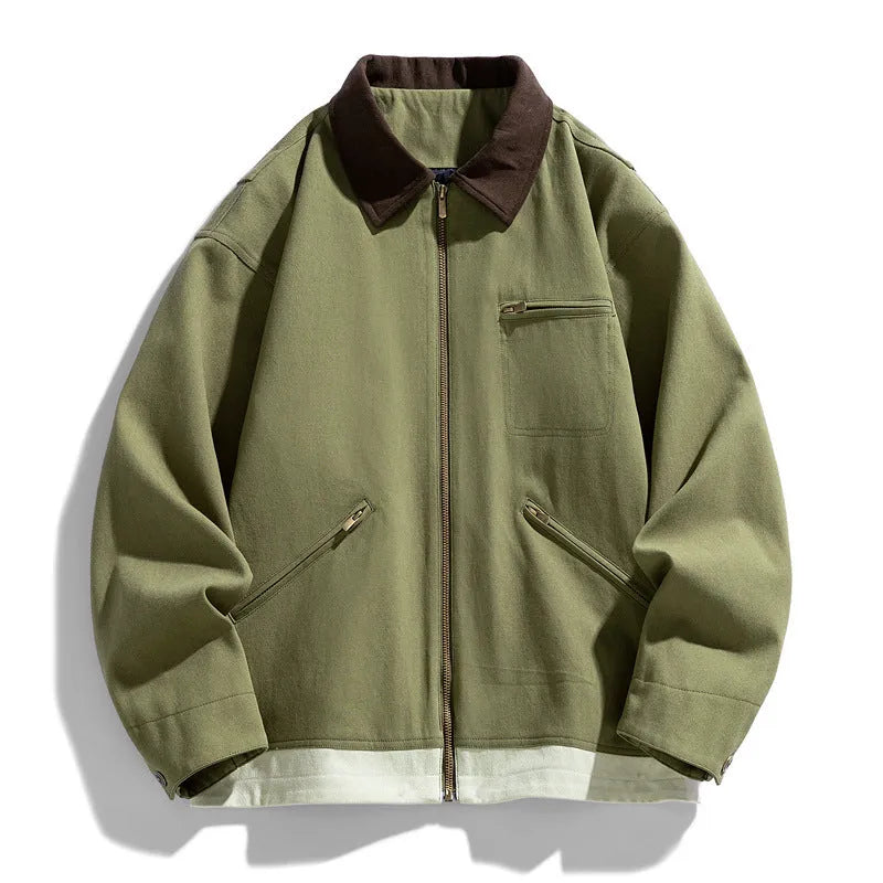 American retro workwear couple jacket with contrast lapels and side pockets in mint green colour