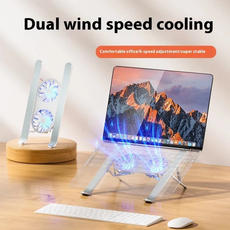 Silver aluminium laptop cooling stand with twin fans in folded position beside cloth carrying bag