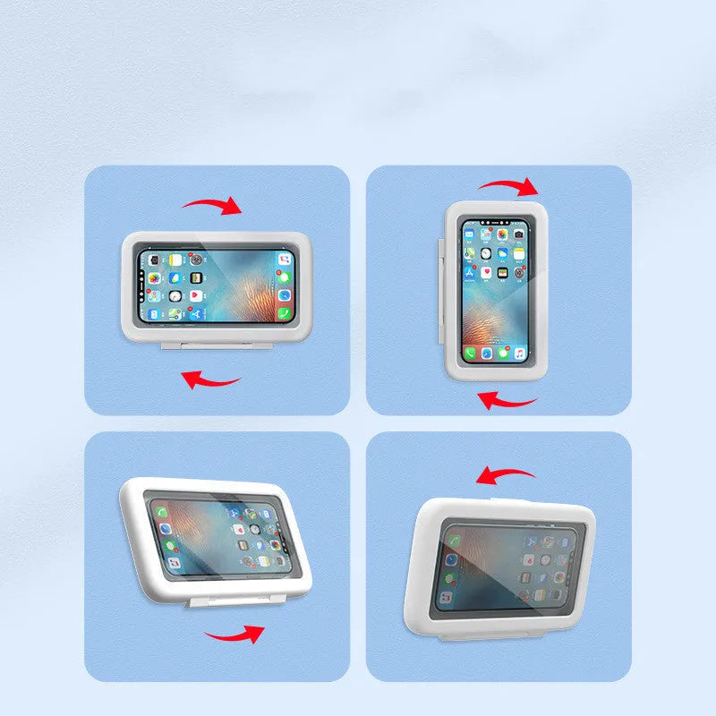 Waterproof phone holder mounted on bathroom tile showing phone inside with touch screen access