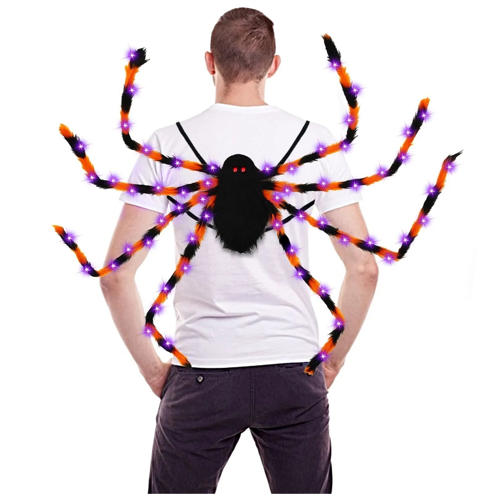Halloween spider plush backpack with LED lights in orange, purple, white, green, or red colour options