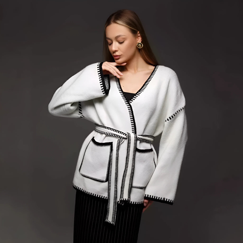 Loose lace-up front knitted cardigan in black, camel, or white colours