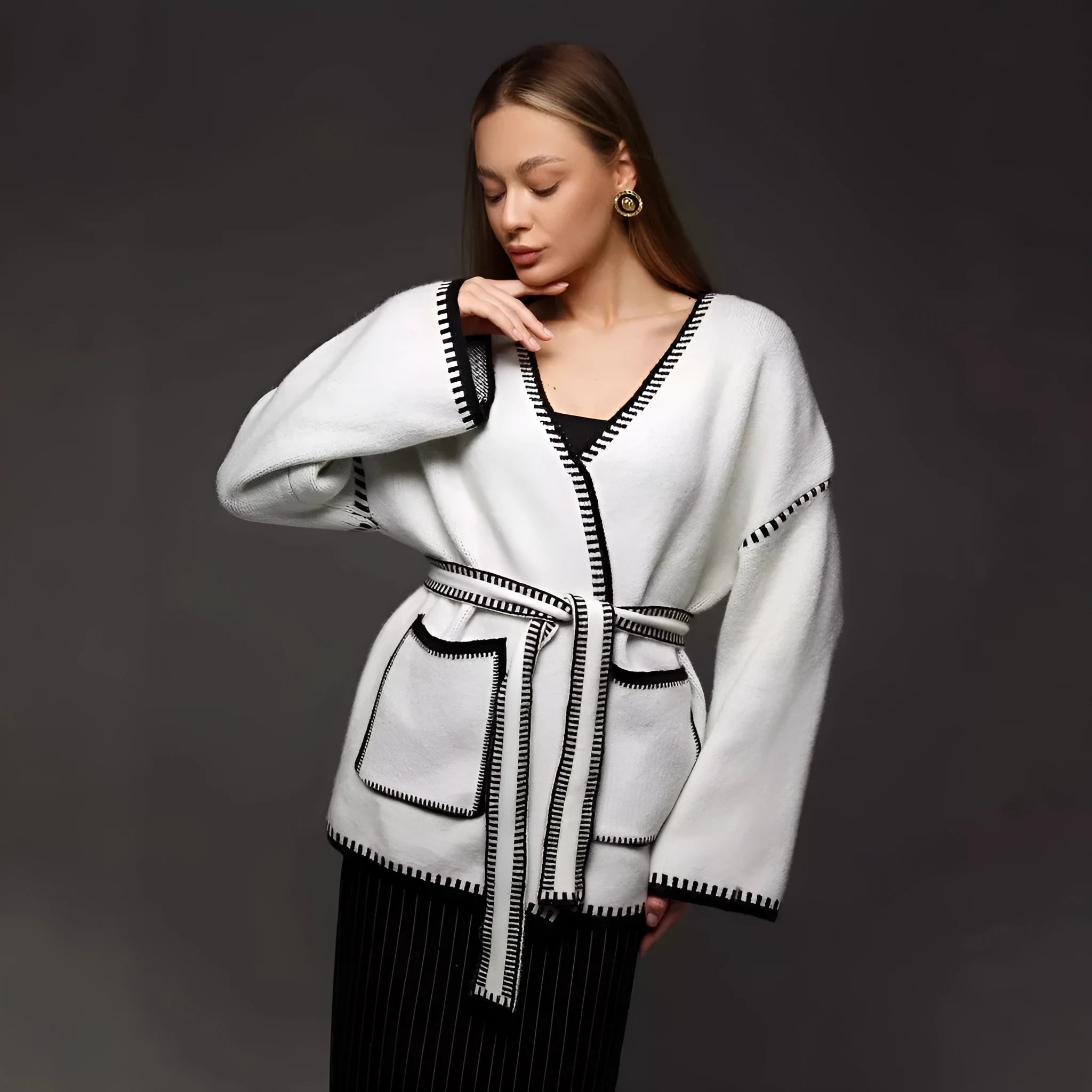 Loose lace-up front knitted cardigan in black, camel, or white colours