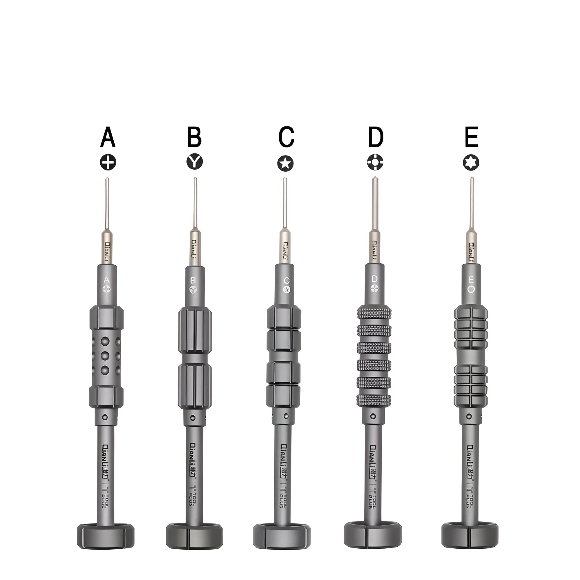 Precision screwdriver with grenade-shaped handle and multiple bits for iPhone and electronics repair.