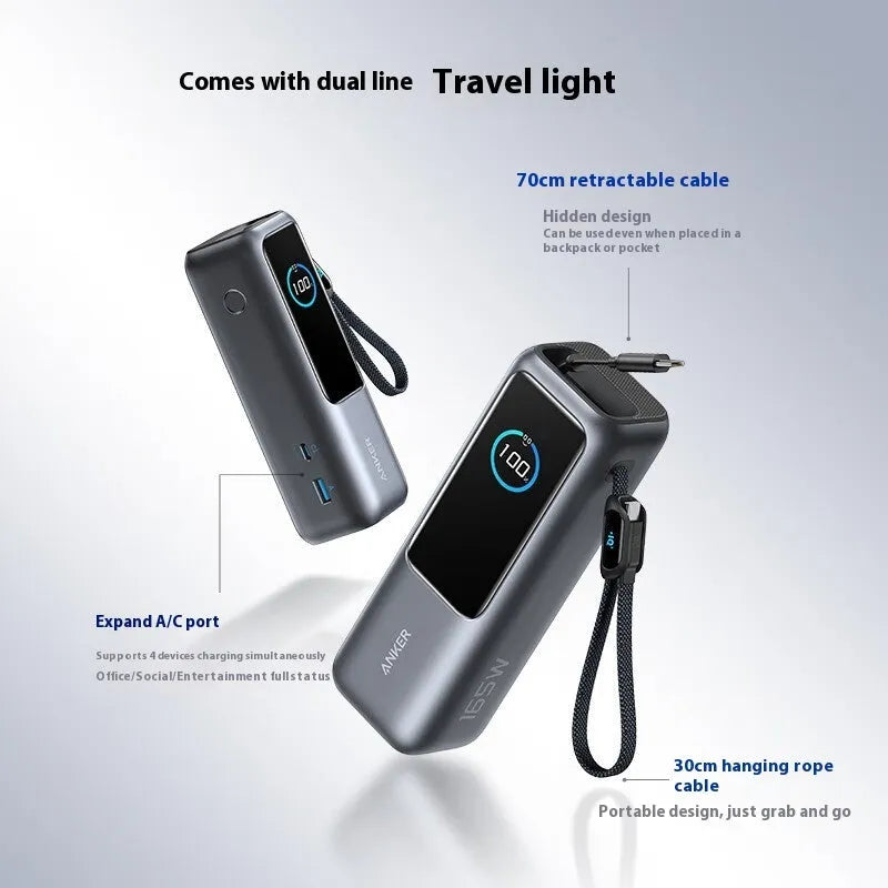 25000mAh fast charging power bank in black with two-wire connection and compact size