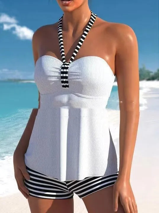 Women's black and white striped off-shoulder swimsuit with briefs style bottom