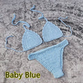 Women's 3-piece handmade crochet bikini set with nylon lining in solid colour options for beach and swimming.