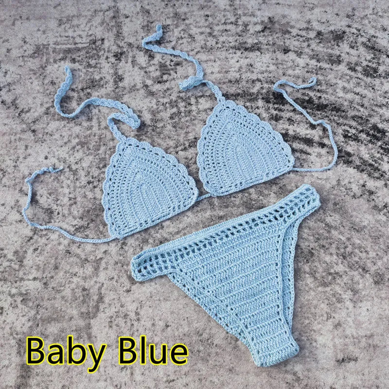 Women's 3-piece handmade crochet bikini set with nylon lining in solid colour options for beach and swimming.