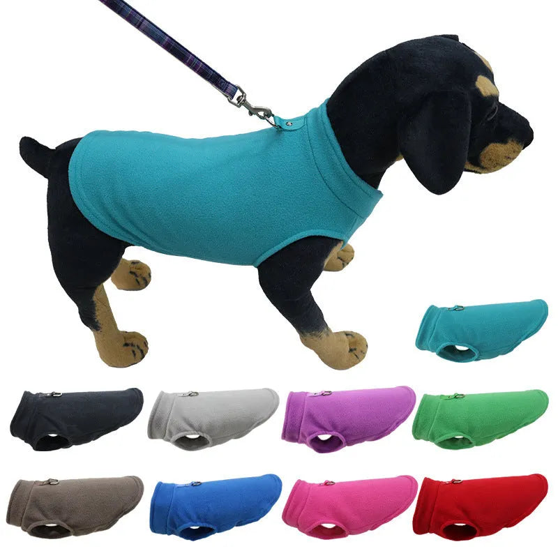 Dog wearing a solid colour thickened polar fleece waistcoat in a casual style
