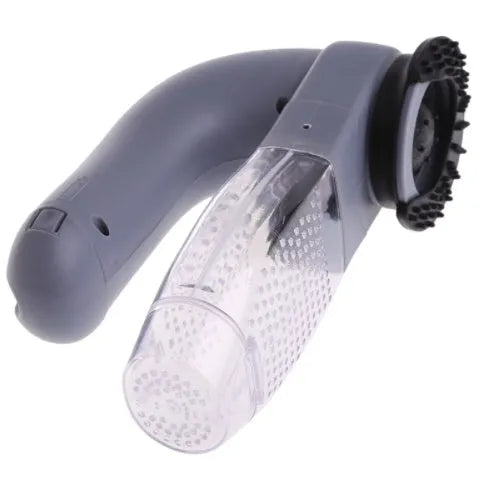Grey handheld pet hair vacuum cleaner with soft rubber grooming head for dogs and cats
