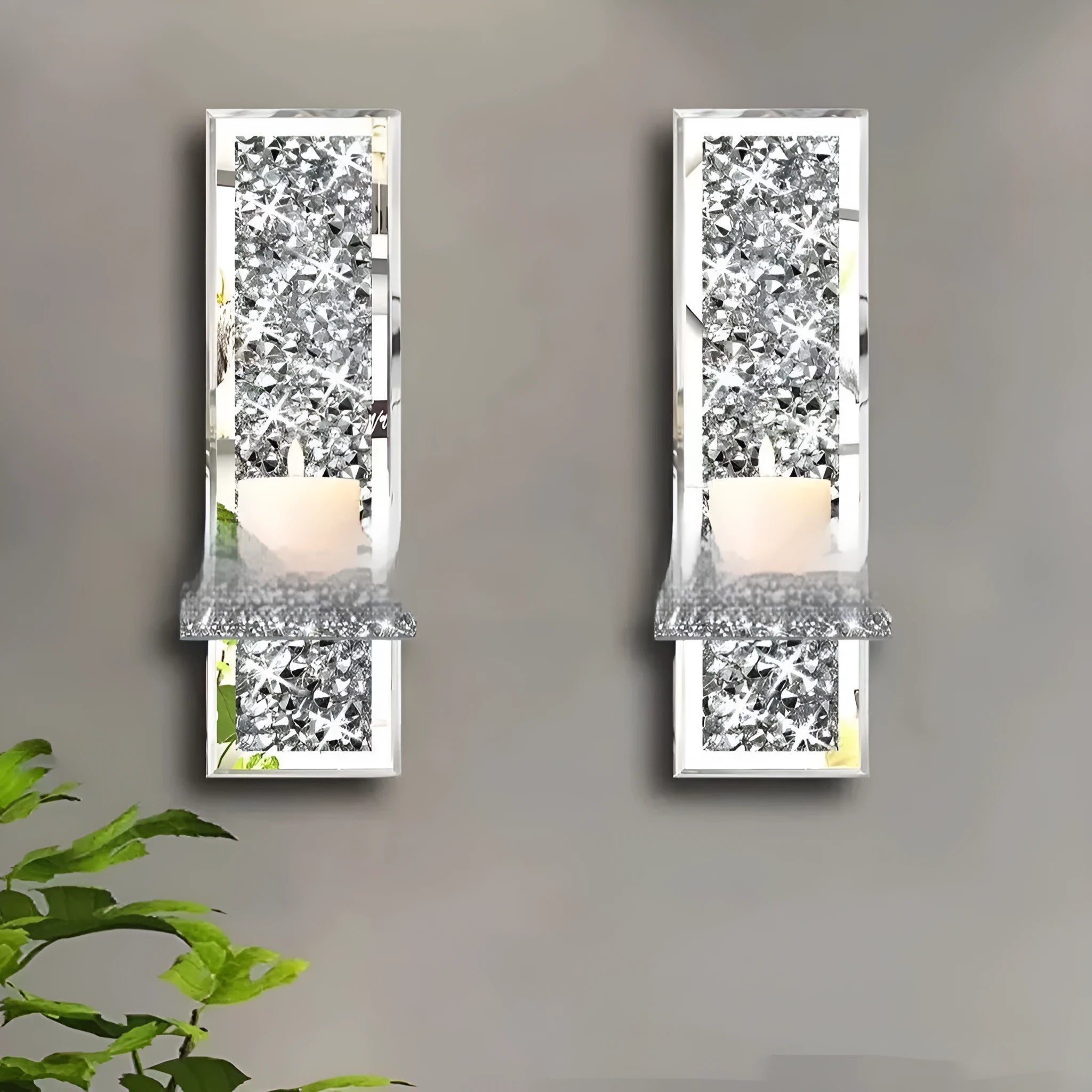 Silver mirror glass candle holder pair for wall mounting at 10x11x38cm dimensions