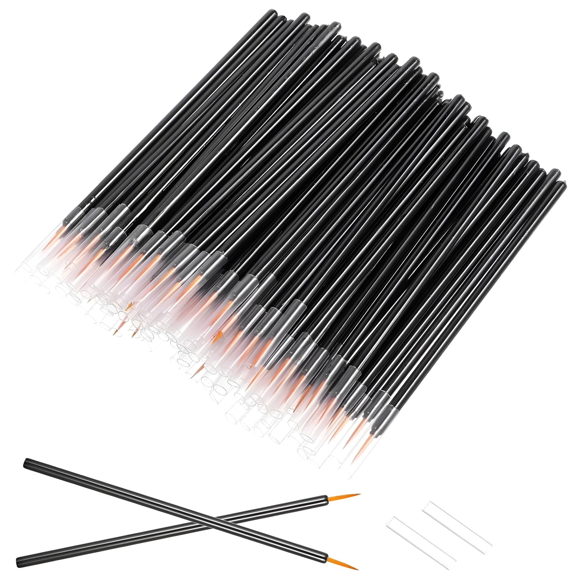 Pack of 100 black disposable eyeliner brushes with fine pointed tips and plastic sleeves