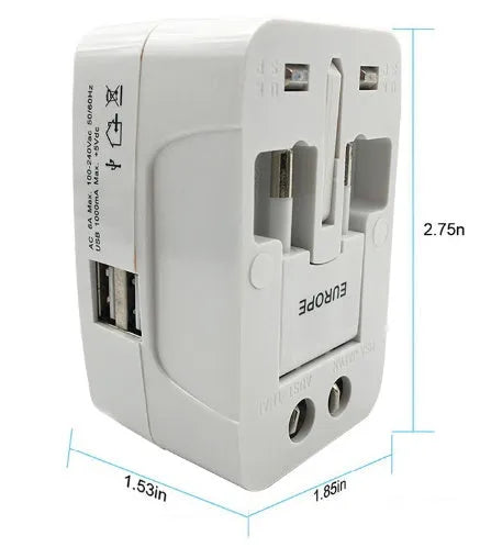 Universal multi-country travel plug adapter for mobile phone charging measuring 73x50x39mm
