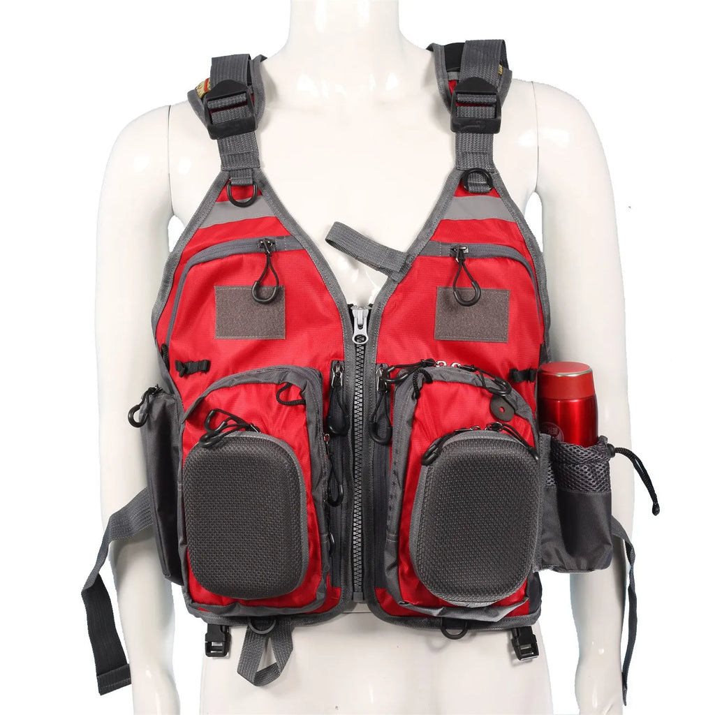 Fishing life safety vest with removable foam panels and multiple zippered pockets in grey colour