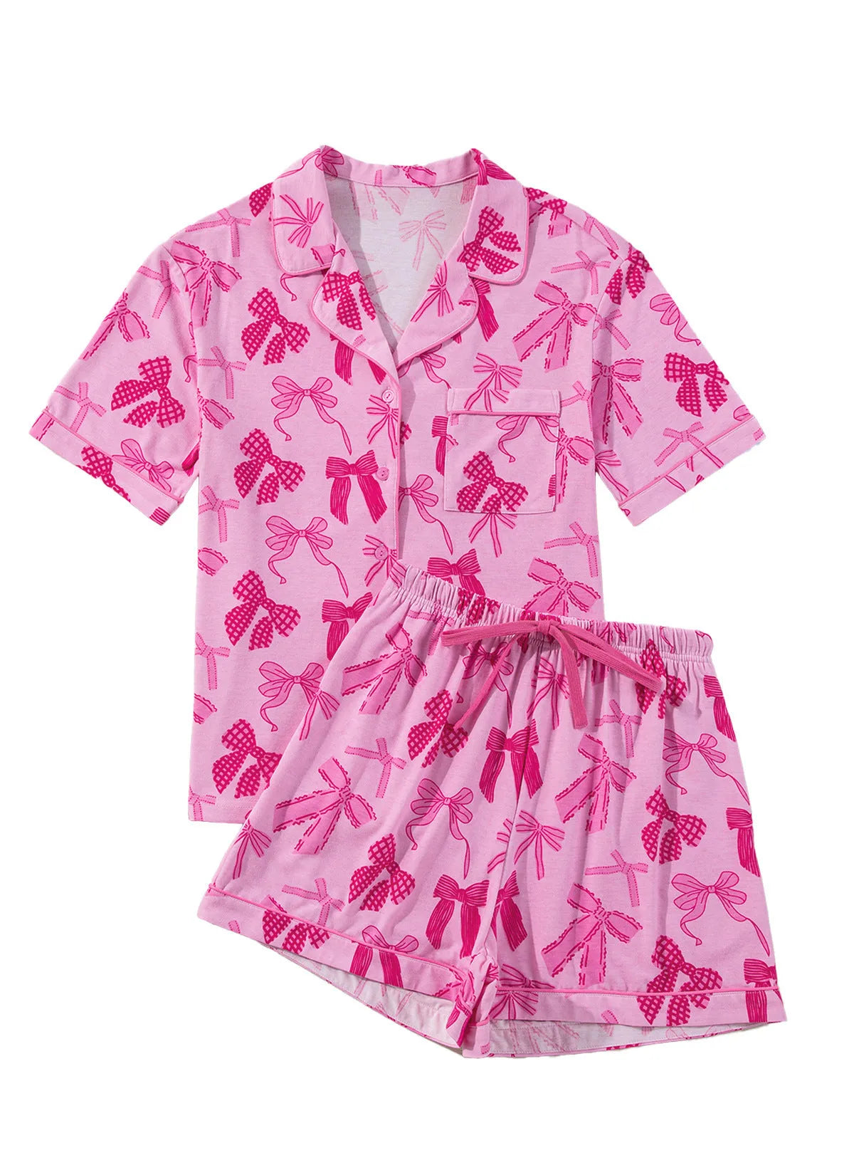Pink women's pyjama set with bow print, two-piece polyester sleepwear