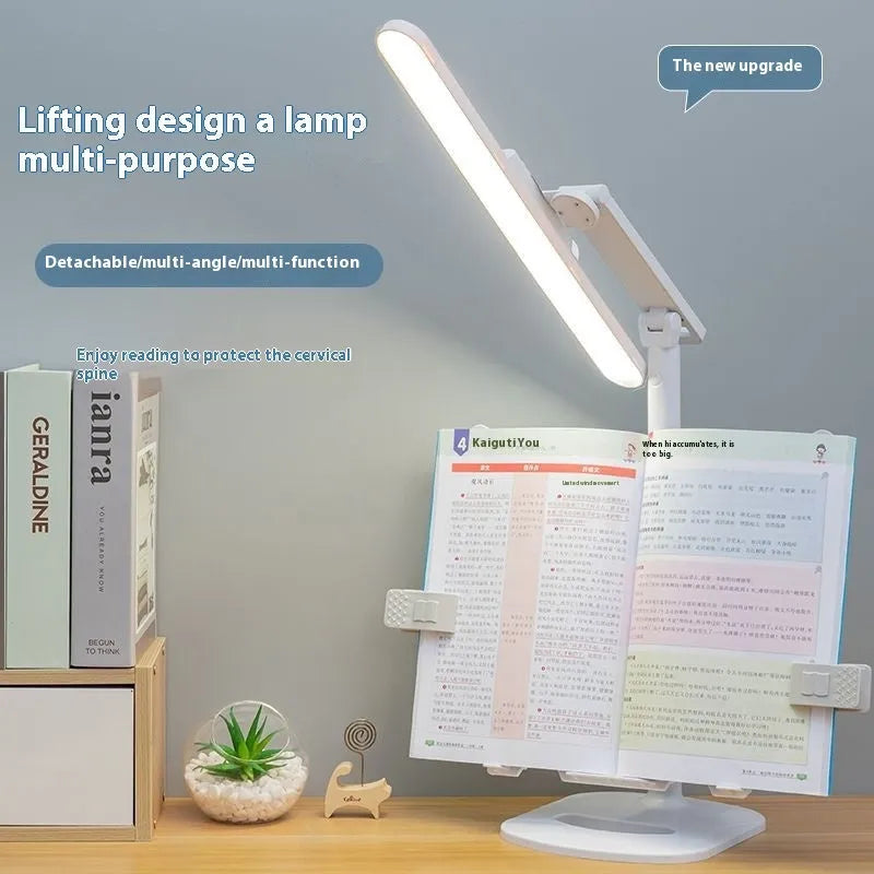 Adjustable multifunctional table lamp with a reading light on a bookshelf, showing dual power and colour temperature controls.