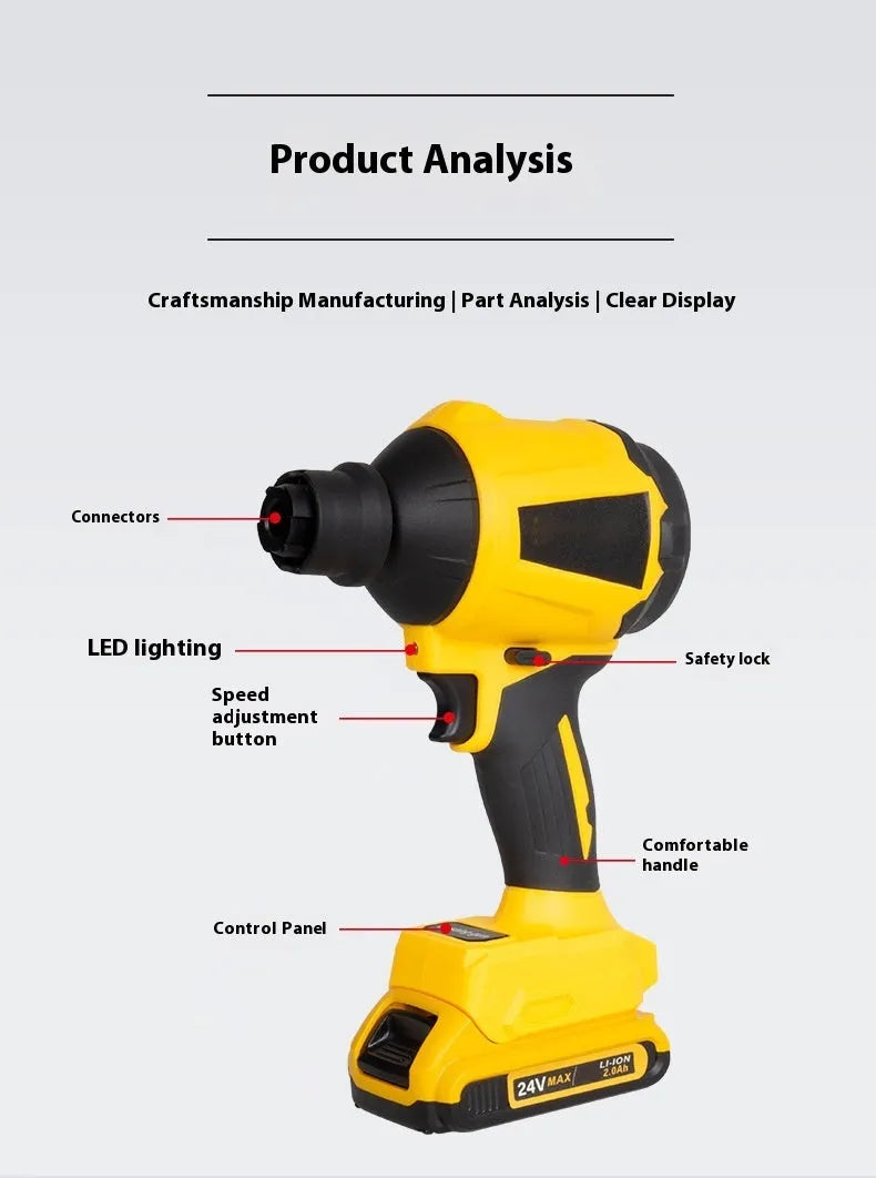 Yellow cordless handheld dust blower gun with 680W motor for office and home cleaning