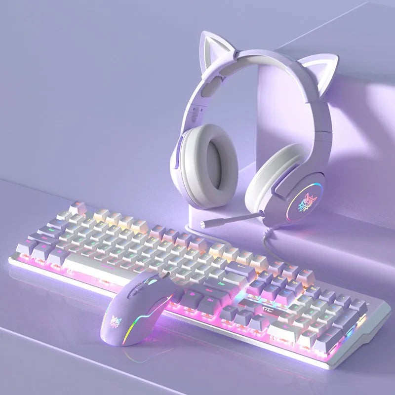 Purple and white mechanical keyboard and mouse wired gaming bundle with backlit keys