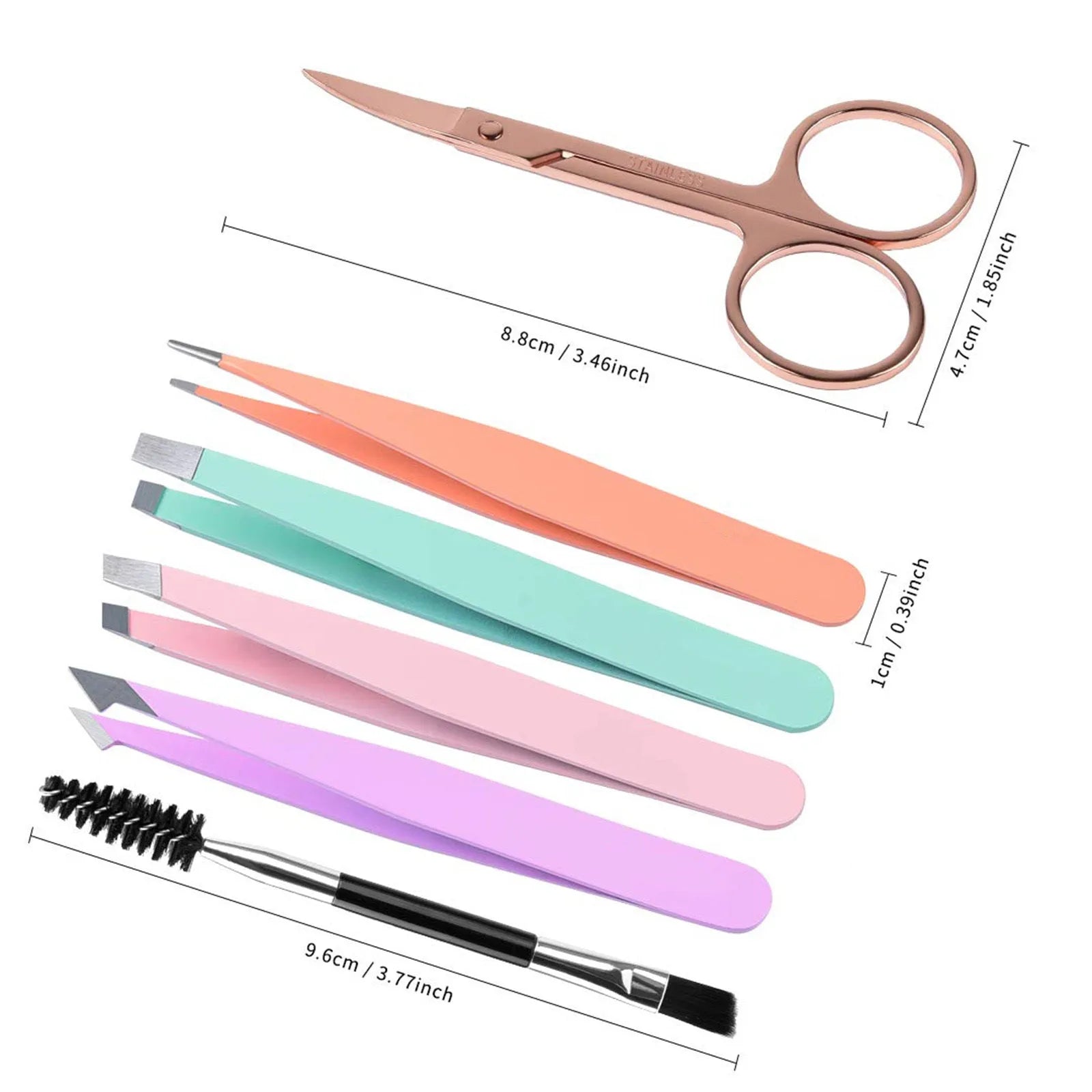 Professional 6-piece stainless steel eyebrow tweezer set with curved scissors and leather case