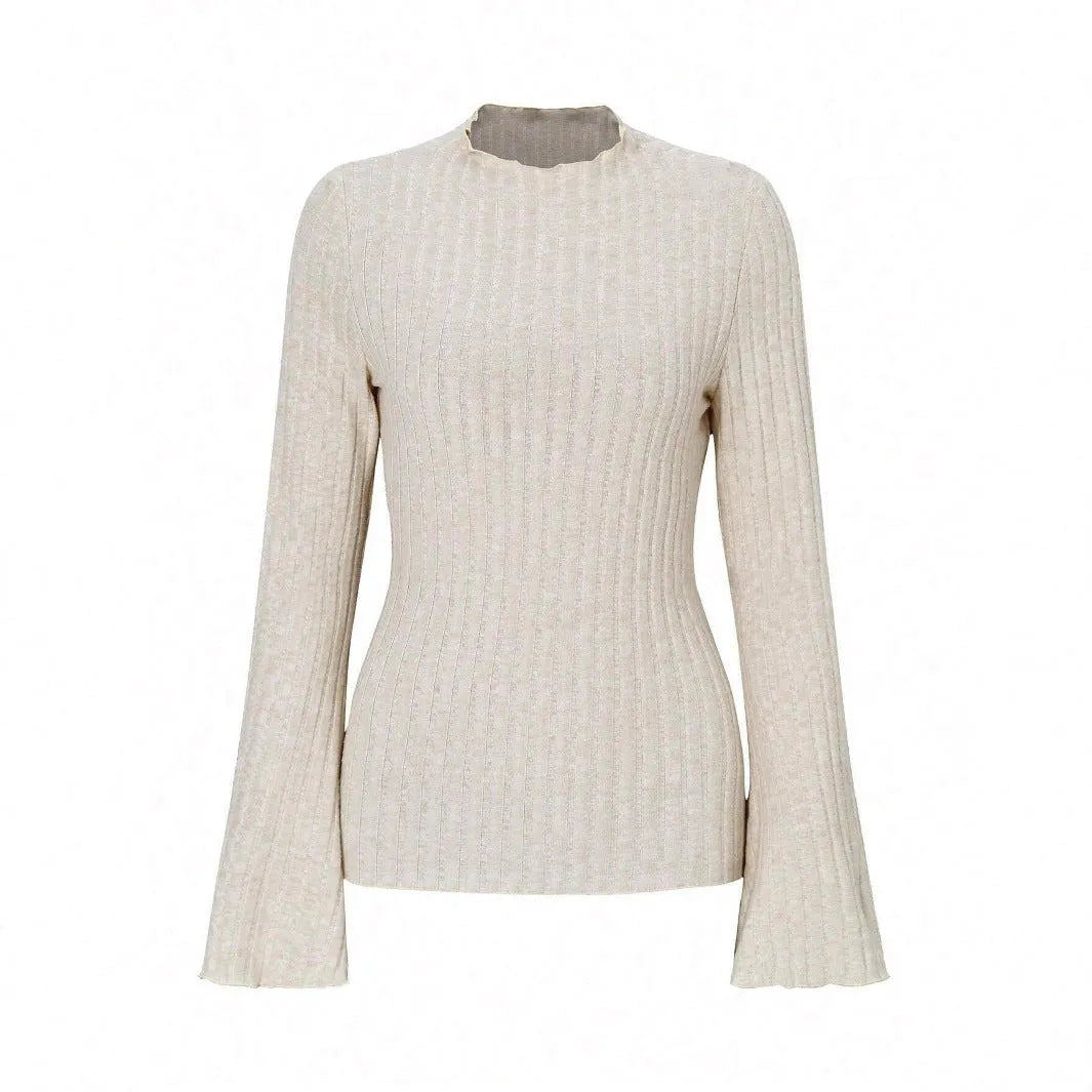 Black long sleeve round neck top with sunken stripe pattern and lantern sleeves