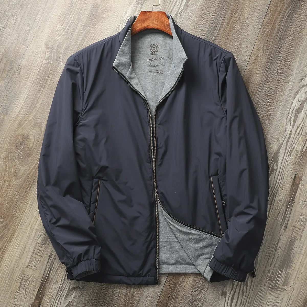 Men's stand collar casual jacket in polyester blend, available in Army Green, Black, Blue, and Orange.