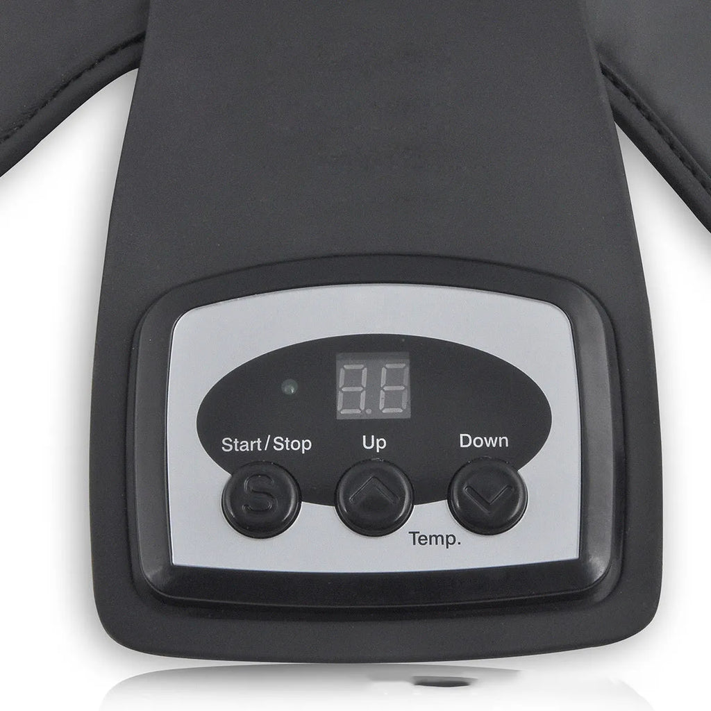 Knee massager unit with infrared heat therapy, adjustable temperature control, and included knee pads and shoulder pads.