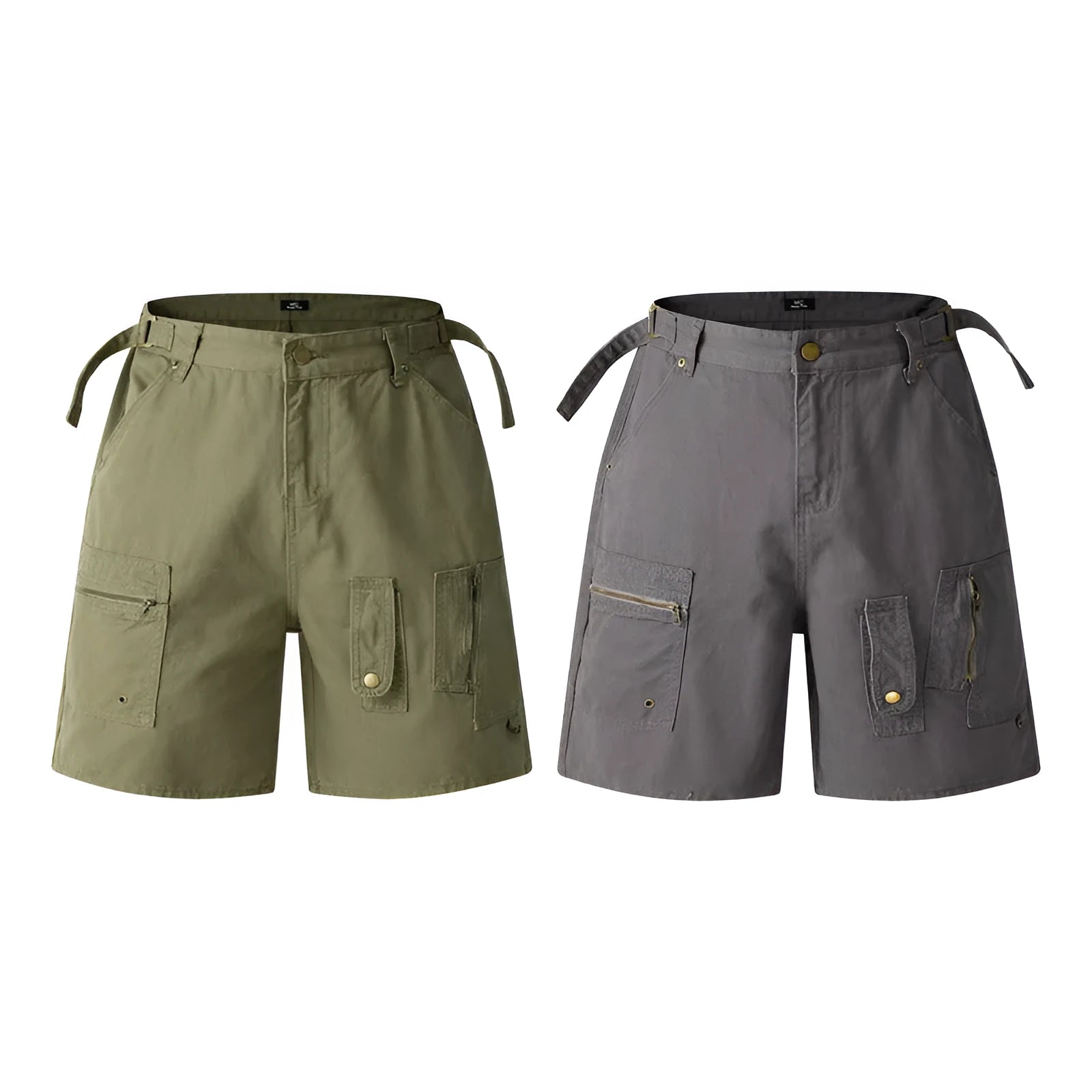 A pair of grey loose-fit cotton workwear shorts with a half-elastic waistband and side zipper on a neutral background.