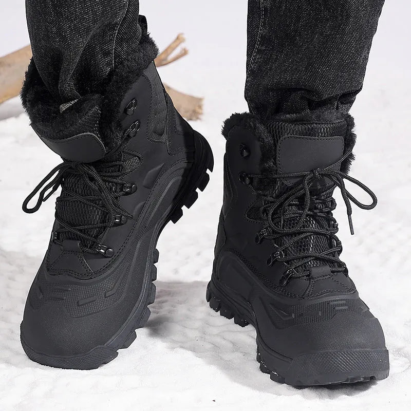 Men's black fleece-lined high-top boots with velvet lining and lace-up front