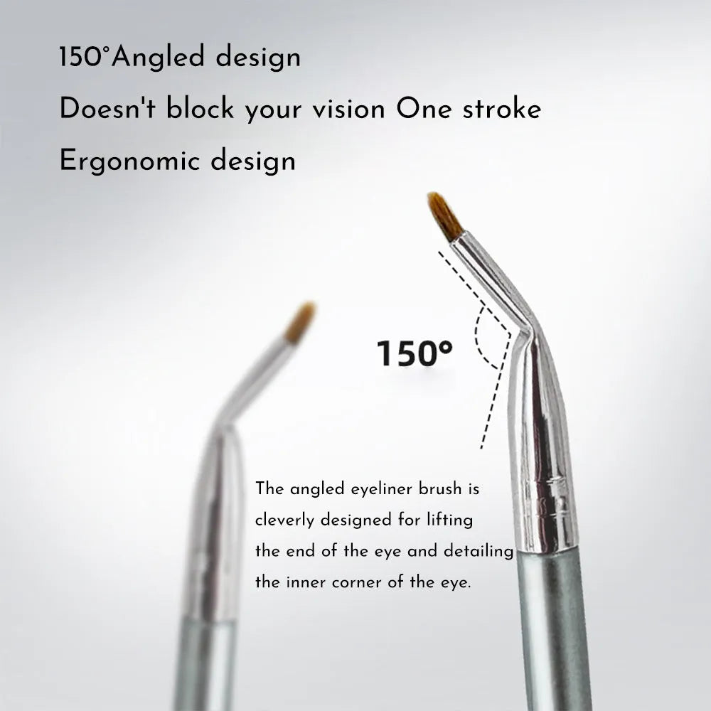 Angled bend head eyeliner makeup brush for detail eye work and tear trough application.