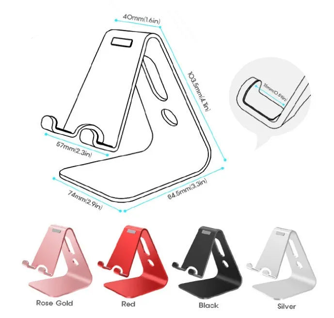 Aluminium alloy universal phone and tablet mount in silver colour on a wooden desk.