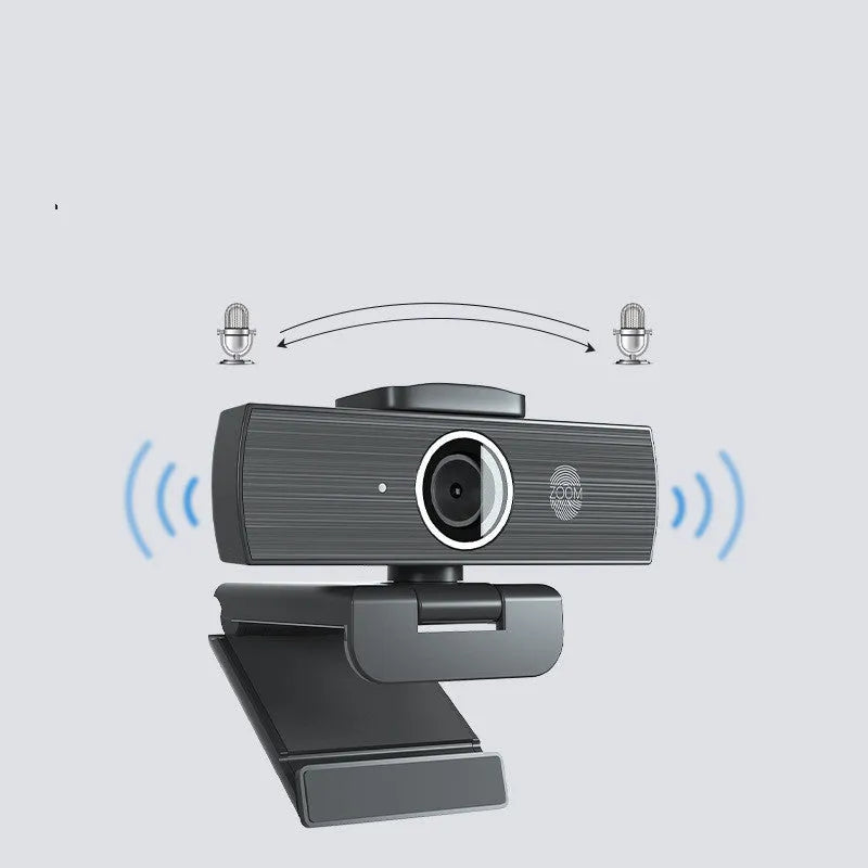 Black USB webcam with magnetic privacy cover shown alongside 1.7 metre cable for video conferencing