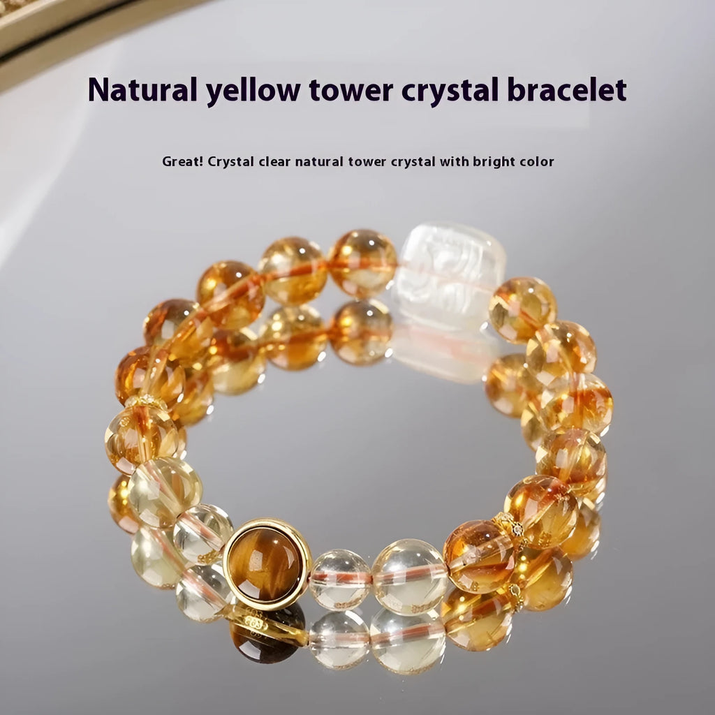 Women's carved citrine ethnic bracelet with 10mm geometric crystal beads