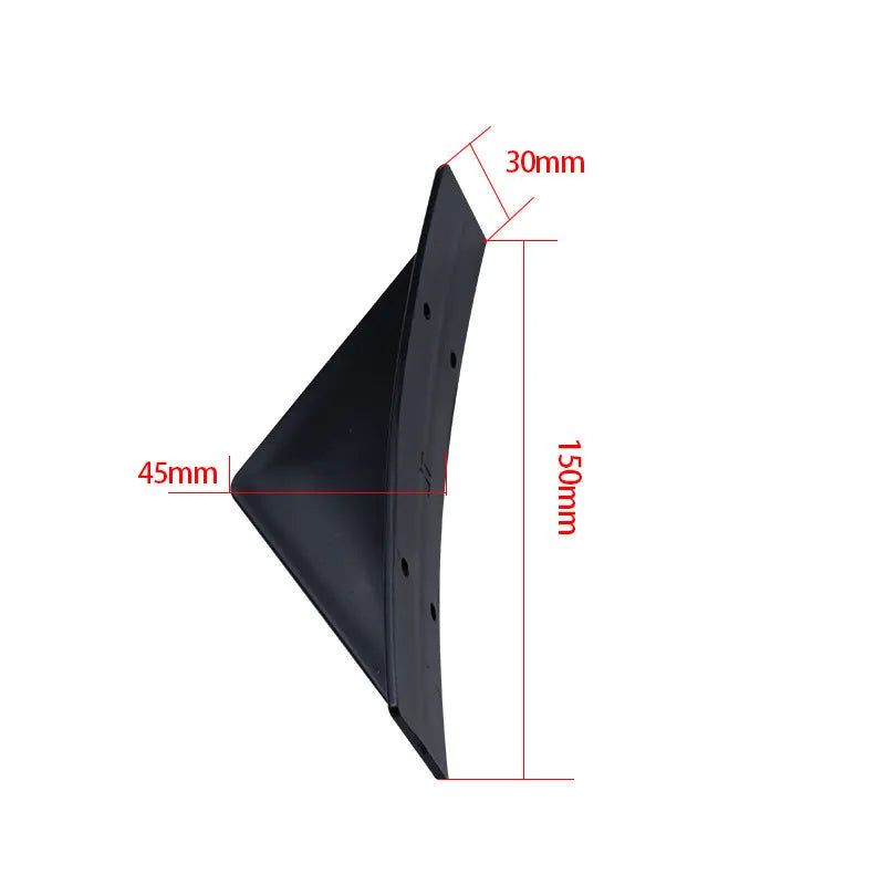 Black universal triangle rear spoiler chassis made of ABS plastic, shown with screws and adhesive.