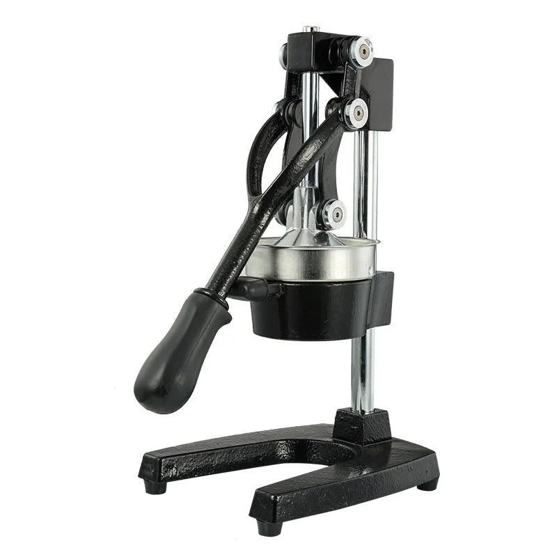 Cast iron manual citrus juicer with stainless steel strainer in black or white finish