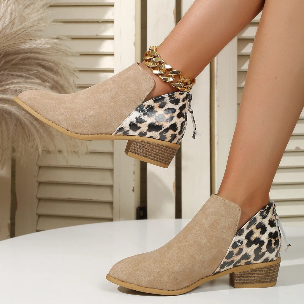 Leopard print women's boots with pointed toe, chunky heel, and back zipper in beige suede
