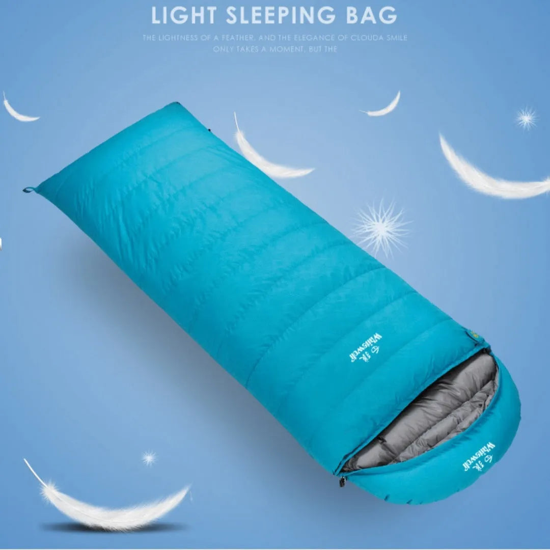 Black outdoor down sleeping bag with envelope structure and white goose down filling.