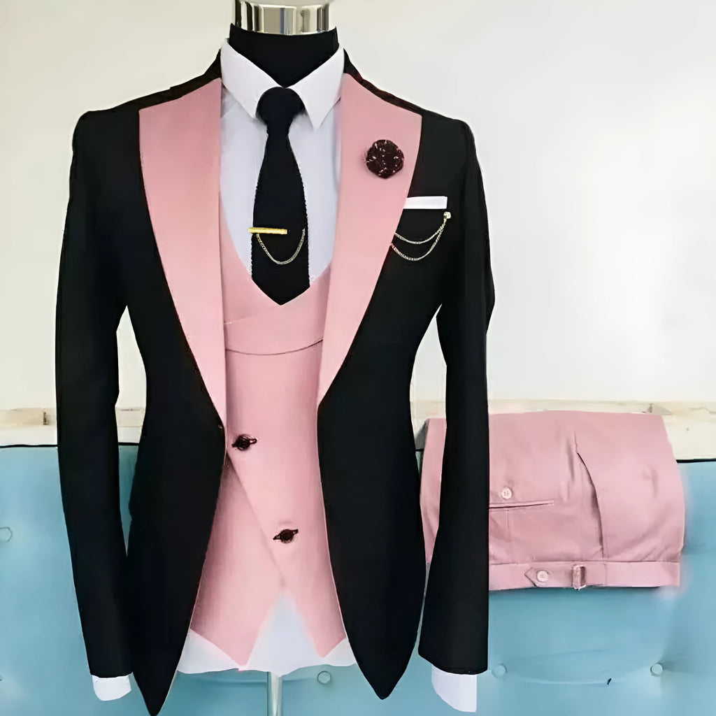 Men's slim fit three-piece business suit with coat, vest, and trousers in cotton fabric